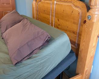 Mexican Pine Four Poster Queen Bed 66” W x 90” D x 81” H             Mattress (sold separately) is Tempur-Pedic Ergo Power Base with Cloud Collection Mattress