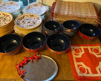 Michael Aram Ocean Reef Coral Tray, William Sonoma Noodle Bowls, Pomegranate Red Baldwin Rice Paper and Serena & Lilly Placemats