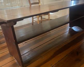 Large, farmhouse style hutch table. 84”L X 42” W X 29.5” H.  These tables originally served as space saving and multi-purpose pieces of furniture.