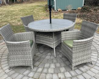 Lifestyle Garden Aruba 4 Seat Round Dining Set with cushions and umbrella   Built to last a lifetime, this set is durable, highly UV resistant and has a unique surface finish. 46.8" Diameter Table