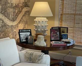 (ONLY TABLE AVAILABLE) English Tilt-Top Table, circa 1890's.  Rosewood veneered round top (large) with conical central leg on tripod. Decorated with detailed various cutting and nailheads. Carried by  claw feet on wheels. Very nice wax patina.
Original hinge and closing fitting for tilting the top. 
53.5" D x 29.5" H. 