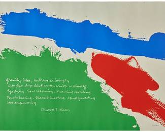 1
Corita (Sister Mary) Kent
1918-1986
"Gravity, Commission - Ellwood Kieser," 1973
Screenprint in colors on paper
From the edition of 250
Signed and inscribed "ed 250" in ink lower right: Corita
Image/Sheet: 19.25" H x 34" W
Estimate: $800 - $1,200