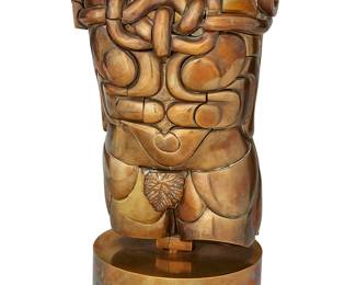 64
Miguel Ortiz Berrocal
1933-2006
"Goliath," 1972
Brass
Edition: 1221/2000
Signed and numbered in the casting: Berrocal; foundry mark: G+S Reischauer; further marked: Orangerie Multiples Cologne; dated on foundry-printed paper disc label to underside with details about the production and casting
9.75" H x 5.75" W x 4.875" D
Estimate: $4,000 - $6,000