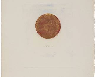 45
Lita Albuquerque
b. 1946
"Two / To," Circa 1988
Powdered hydraulic cycle press pigment, gold leaf and enamel pen on paper
Unsigned; titled in pencil near the center of the plate; Smith Andersen Press, prntr.
Plate: 14" H x 11" W; Sheet: 26.5" H x 20.25" W
Estimate: $800 - $1,200