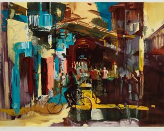 87
Paul Goodnight
b. 1946
"Aqua Scented City," 1992
Screenprint in colors on wove paper
Edition: 132/195
Signed, titled, dated, and numbered in pencil in the lower margin; with the Arabesque Studios, Boston, MA, prntr., and the Color Circle Art Publishing, Boston, MA, pub., blindstamps in the lower margin
Image: 30" H x 40" W; Sheet: 36.5" H x 46" W
Estimate: $1,000 - $1,500