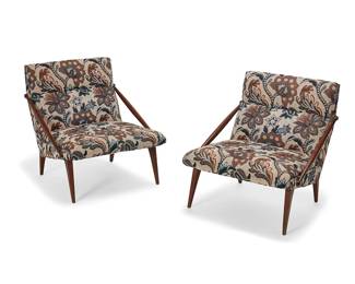 101
Mid-20th century
A Pair Of Gio Ponti For M. Singer & Sons Lounge Chairs
One with paper tag to underside: Sheraton Decorators
Each floral upholstered chair with diagonal carved wood arms joined with brass hardware set atop four attenuated legs, 2 pieces
Each: 29" H x 27" W x 29.5" D
Estimate: $2,000 - $4,000