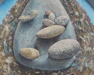 162
Elwyn "Wynn" Chamberlain
1927-2014
"Stones On Stones"
Oil on board
Signed lower right: Chamberlin; titled on a gallery label and two other places, all verso
18" H x 11" W
Estimate: $700 - $900