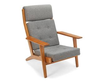 151
Hans Wegner (1914-2007)
GE 290A Lounge Chair for Getama, 1950s; Denmark
Designed 1953
Burn marked to underside: Getama / Gedsted Denmark / Design Hans Wegner
The oak wood chair with ladder back and paddle arms, reupholstered with periwinkle tufted cushions
36.75" H x 29.5" W x 36.5" D
Estimate: $400 - $600