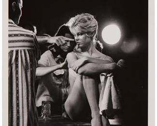 260
Peter Basch
1921-2004
Brigitte Bardot
Gelatin silver print on paper
From the edition of unknown size and date; printed later
Signed and inscribed in white ink at the lower edge: Peter Basch / To Igor - a Master of the Craft / with thanks / Brigitte Bardot - Spain / 1957-1987
Image: 13" H x 10" W; Sheet: 14" H x 11" W
Estimate: $400 - $600
