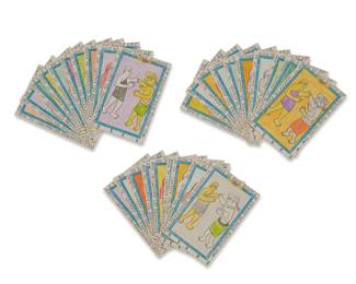 90
Frédéric Bruly Bouabre
1923-2014
"La Rencontre Des Amants Hommes Des Races De Couleurs," 2010
Ink, colored crayon, and pencil on heavy cardstock
Each: signed and dated in ink, verso: Bouabre / 11-12-2010; inscribed in French in ink along the edges with the same inscription, except on each card two words change to represent the color of the figures: A Rencontre des amants: ici / homme de race [interchangeable color] / et femme de race [interchangeable color] (29 pieces)
Each: 7.75" H x 5.25" W
Estimate: $1,500 - $2,500