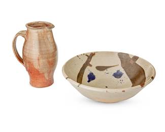 128
Warren MacKenzie (1924-2018)
A Shino glazed ceramic pitcher and colander, mid-20th century
Each with maker's "M" cipher stamped to underside
Each crafted in the Japanese Mingei style with Shino glaze, comprising a handled pitcher and a colander with pierced holes to bottom of bowl
2 pieces
Pitcher: 10" H x 7.325" W x 6" D; Colander: 4.625" H x 13.875" Dia.
Estimate: $400 - $600