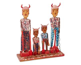 168
Carl McKenzie
1905-1998
Devil Family With Snake, 1985
Carved linden wood, metal, paint, and graphite
Signed twice to underside: Carl McKenzie; dated by repute
20" H x 17" W x 6.5" D
Estimate: $1,500 - $2,500