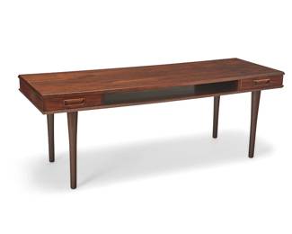 206
Mid-20th century
A Danish Modern Coffee Table
Appears unmarked
The teak wood table with two open ended slide out drawers with carved inset pulls, centering an open compartment
22" H x 60" W x 21.25" D
Estimate: $500 - $700