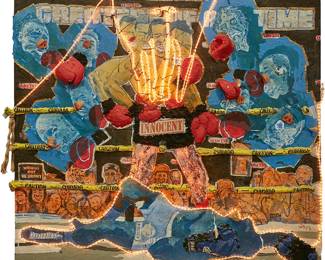 117
Aaron Fowler
b. 1988
"Lights Out"
Mixed media installation on two joined pieces of particle board
Appears unsigned; titled by repute
96" H x 96" W
Estimate: $5,000 - $7,000