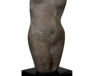 62
Alfredo Barbini (1912-2007)
A black "scavo" glass torso, Late 20th century; Venice, Italy
Acid-etched signature to side of base: A. Barbini
The Murano cased glass sculpture in the form of a woman's torso, set on a black glass base
Overall: 9.75" H x 4.125" W x 3.625" D
Estimate: $500 - $800