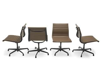 213
Charles And Ray Eames (1907-1978 And 1912-1988)
Four Aluminum Group side chairs for Herman Miller, 21st century
Designed 1958
Each with embossed Herman Miller logo to the frame
Each with taupe leather sling-style upholstery, glossy "graphite" painted aluminum frame, and set upon five legs with metal feet
4 pieces
Each: 33.25" H x 20" W x 23.5" D
Estimate: $1,000 - $2,000