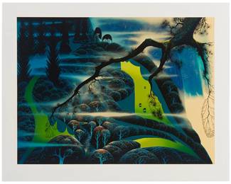 164
Eyvind Earle
1916-2000
"Green Pastures," 1992
Screenprint in colors on wove paper
Edition: M 43/75
Signed and numbered in ink in the lower edge: Eyvind Earle; Clearwater Studios, prntr., with Robert Bane Ltd. Inc. ink stamp seal lower margin, at left
Image: 30" H x 40" W; Sheet: 36.5" H x 46" W
Estimate: $600 - $800