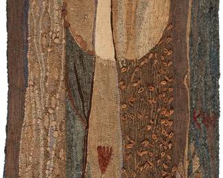 186
Krystyna Wojtyna-Drouet
b. 1926
"Moon"
Woven wool, hemp, and cotton tapestry with applied copper
Numbered: 415
Stitched initials: KW; numbered, signed, and titled to cloth label verso: Krystyna Wojtyna-Drouet / Warszawa / W. Sanocka 4m44 / "KSIEZYC" / "DER MOND" / 152cm x 114cm
63.5" H x 42.5" W
Estimate: $1,000 - $2,000