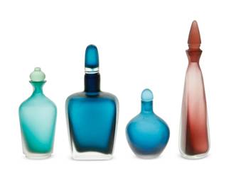 59
1995-1999; Venice, Italy
Four Venini Inciso Glass Decanters
Each acid-etched to underside for Venini, preceding date marks ranging between 95-99
Each Murano glass decanter with conforming stopper, 4 pieces
Largest: 10.5" H x 2.325" W x 2.25" D; Shortest: 5.25" H x 3.325" Dia.
Estimate: $600 - $900