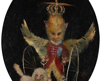 245
Helen Allois
b. 1969
"Marquise De Fontenay," 2019
Oil on panel
Signed, titled, and dated with the artist's device lower right: Allois; signed and dated again with the artist's device, verso
28" H x 22" W
Estimate: $1,000 - $1,500