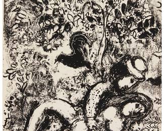 26
Marc Chagall
1887-1985
"The Pair In A Tree" From The "Chagall Lithographie Volume III," 1963
Lithograph on wove paper
From the book edition (aside from the pencil signed and numbered edition of 40 on Arches paper and the deluxe book edition of 150)
Unsigned; Mourlot, Paris, prntr.; Andre Sauret, Paris, pub.
Image/Sheet: 12.625" H x 9.625" W
Estimate: $1,000 - $1,500