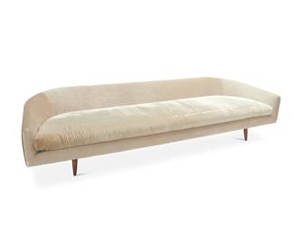 102
Adrian Pearsall (1925-2011)
A Cloud Sofa for Craft Associates Inc., 1950s
Appears unmarked
The three-seater low wraparound sofa with wood and steel frame supporting foam cushions that have been re-upholstered in cream Donghia Silk Velvet, raised on four wood legs
24" H x 112" W x 32" D
Estimate: $4,000 - $6,000
