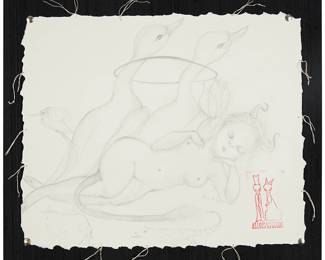 173
Helen Allois
b. 1969
"Charlotte's Dream," 2021
Graphite on paper
Signed and dated in pencil near the lower edge, right of center: Allois; with the artist's red ink studio stamp in the lower right quadrant and another stamp on the frame's backing board; titled on a certificate of authenticity
Sheet: 13.5" H x 16.75" W
Estimate: $500 - $700