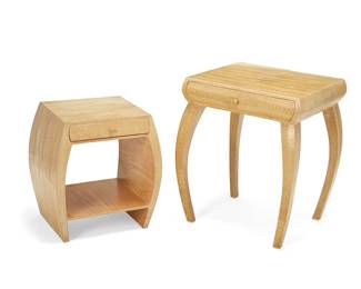 146
Circa 1990s
Two R & Y Augousti Snakeskin Sides Tables
Each marked to underside: [logo] / R & Y Augousti / Paris
Each Art Deco Revival single-drawer wood side table of convex shape wrapped in snakeskin, one with undershelf, 2 pieces
Larger: 23.75" H x 20" W x 20" D; Smaller: 18.625" H x 16.75" W x 14.5" D
Estimate: $700 - $900