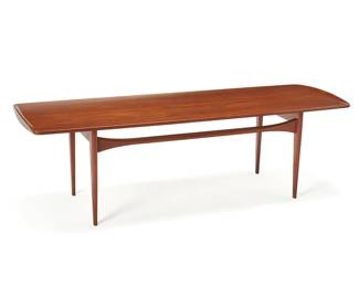 139
Tove And Edvard Kindt-Larsen (1906-1994 And 1901-1982)
A teak coffee table for France & Son, 1950s
With metal tag to underside: FF C France / 5211457; further ink-stamped: 1563
The coffee table with lipped edges at ends and tapered legs
18.25" H x 59.25" W x 20.75" D
Estimate: $700 - $900