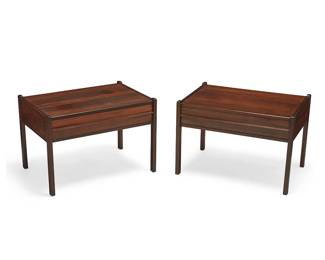 201
Mid-20th century
A Pair Of Danish Modern End Tables
Each appears unmarked
Each table with single pull-out drawer revealing partitioned compartments, 2 pieces
Each: 17" H x 24.75" W x 17.25" D
Estimate: $300 - $500