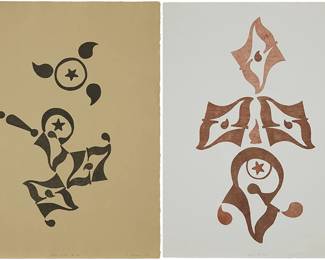 46
George Herms (B. 1935)
Two works:

"Star Eyes # Two," 2008
Monotype with original stencils on tan wove paper, watermark Rives
Image: 22" H x 14" W, Sheet: 30" H x 22.25" W
Signed, titled, and dated in pencil in the lower sheet edge: G. Herms; with the publisher's blindstamp lower left corner, Smith Andersen Editions, Palo Alto, CA, pub.

"Oops # Two," 2008
Monotype with original stencils on tan wove paper, watermark Rives
Image: 26.5" H x 14" W, Sheet: 30" H x 22.25" W
Signed, titled, and dated in pencil in the lower sheet edge: G. Herms; with the publisher's blindstamp lower left corner, Smith Andersen Editions, Palo Alto, CA, pub.
Estimate: $1,000 - $2,000
