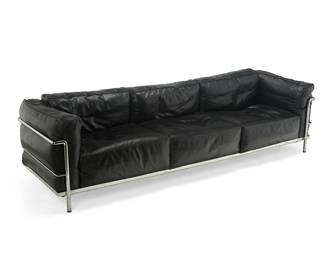 70
Charles-Edouard "Le Corbusier" Jeanneret (1887-1965)
An LC3 Fauteuil Grand Confort sofa for Cassina, Circa 2000s
Designed 1928 by Le Corbusier, Pierre Jeanneret (1896-1967), and Charlotte Perriand (1903-1999)
With Cassina tag to underside; further marked with applied sticker to metal frame: Cassina
The three-seater sofa with chrome-plated steel frame and foam cushions upholstered in black leather with cording
26.5" H x 94" W x 29" D
Estimate: $2,500 - $3,500