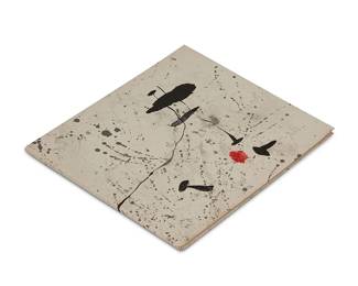 23
Joan Miro
1893-1983
"Trace Sur L'eau," 1963
The book with one original lithograph in colors on wove paper as its wrap-around cover
Together with the title and justification pages, color reproductions of the artist's watercolors printed on Marais onion skin paper either tipped down to support sheets or bound-in
From the unsigned and unnumbered edition of 900 (there was also a deluxe edition of 100)
The full sheets, bound, as issued; Maeght Editeur, Paris, pub.
Overall: 11.5" H x 14" W x 0.5" D
Estimate: $500 - $700