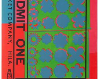 8
Andy Warhol
1928-1987
"Lincoln Center Ticket," 1967
Screenprint in colors on poster paper
Presumably from the edition of 500 (there was also a signed and numbered edition of 200 on opaque acrylic)
Appears unsigned; Lincoln Center for the Performing Arts for List Art Posters, New York, pub.
Image/Sheet: 44.125" H x 24.25" W
Estimate: $400 - $600