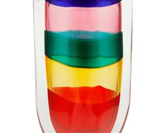 96
Fulvio Bianconi (1915-1996)
A fasce sommerso glass vase for Venini, 2001; Venice, Italy
Acid etched to underside: Venini / Fulvio Bianconi / 2001/10; with sticker to side: Venini Murano / Made in Italy
The vase with "orizzontale" bands of red, yellow, green, pink, and blue
12" H x 6.625" W x 6" D
Estimate: $800 - $1,200