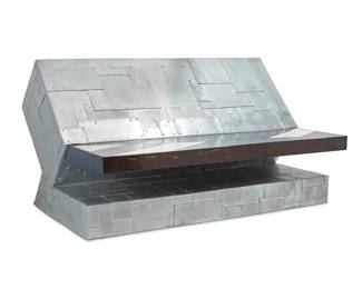 239
Andy "Socrates" Marquez (B. 20th Century)
An "Alexander the Great" bench, 2023
Signed and dated to verso: Socrates 2023
The cantilevered bench with wood carcass covered in riveted patchwork aluminum finish and painted and stained wood seat with geometric motif
34" H x 62.25" W x 43.5" D
Estimate: $1,500 - $2,500