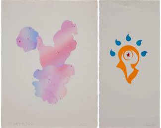 47
George Herms (B. 1935)
Two works:

"Friend," 2011
Monotype with original stencils on wove paper
Image: 11.75" H x 8.875" W; Sheet: 30" H x 14" W
Signed and dated in pencil lower edge, at right; titled in pencil lover edge, verso; with the publisher's blindstamp lower left corner, Smith Andersen Editions, Palo Alto, CA, pub.

"Took us by Surprise"
Monotype with original stencils on tan wove paper, watermark Rives
Image: 20" H x 14.5" W; Sheet: 29.875" H x 22.375" W
Signed and titled in pencil in the lower edge; with the publisher's blindstamp lower right corner, Smith Andersen Editions, Palo Alto, Ca, pub.
Estimate: $1,000 - $2,000