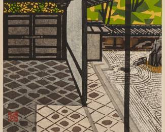250
Okiie Hashimoto
1899-1993
"Stone Garden No. 4, Ryoanji Temple B," 1961
Woodcut in colors on Japanese paper
Edition: A.P
Signed, titled in Japanese, dated, and numbered, all in pencil in the lower margin: Okiie Hashimoto; with artist's red seal printed in the image at the lower left, and embossed Japanese characters in the lower portion of the right margin
Image: 15.5" H x 15.5" W; Sight: 16" H x 16" W
Estimate: $500 - $700