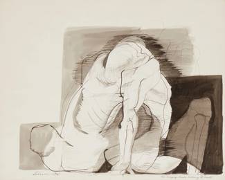 226
Rico Lebrun
1900-1964
"Two Merging Shades Listening To Dante," 1961
Black ink wash on wove paper, blindstamp Strathmore
Signed, titled, and dated along the lower sheet edge: Lebrun
Sight: 21" H x 27.5" W
Estimate: $500 - $700