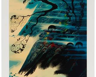 165
Eyvind Earle
1916-2000
"Fog Light," 1990
Screenprint in colors on heavy wove paper
Edition: HC 17/25
Signed and numbered in ink in the lower edge: Eyvind Earle; Clearwater Studios, prntr., with Robert Bane Ltd. Inc. ink stamp seal lower margin, at left
Image: 40" H x 30" W, Sheet: 46.5" H x 36 " W
Estimate: $600 - $800