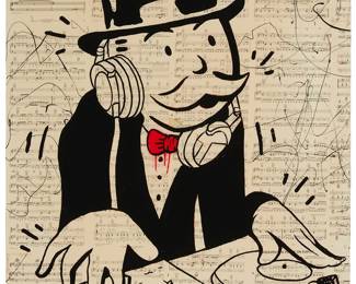 110
Alec Monopoly
b. 1986
A Portrait Of Mr. Monopoly
Acrylic, spray paint, music sheets, and mixed media with resin on canvas
Signed lower right: Alec
48" H x 36" W
Estimate: $10,000 - $15,000