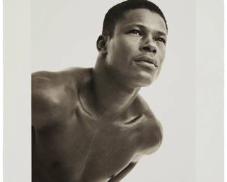 259
Herb Ritts
1952-2002
"James Miller," 1999
Platinum palladium print on paper, watermark Arches
Edition: 78/100
Signed, numbered, and dated in pencil in the lower edge, verso: Herb Ritts; with an unidentified blindstamp lower left, verso; inscribed in pencil in the lower edge, verso: Special Olympics / Platinum Press
Image: 15" H x 12" W; Sheet: 20" W x 16" W
Estimate: $1,000 - $1,500