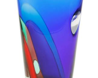 97
Archimede Seguso (1909-1999)
A "Carnevale" glass vase, Late 20th century; Venice, Italy
Signed to underside: Archimede Seguso / Murano
The vase layered with red, green, and blue glass
10.75" H x 6.75" W x 3.875" D
Estimate: $700 - $900