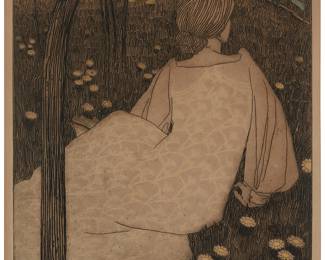 20
Vojtech Preissig
1873-1944
"Blue Bird," 1903
Etching and aquatint with handcoloring on wove paper laid to paperboard
Signed, dated, and inscribed in pencil in the lower margin, at right: V. Preissig / Paris
Plate: 19.625" H x 14.875" W; Sheet: 22.75" H x 17.25" W
Estimate: $2,500 - $3,500