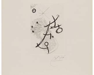 22
Joan Miro
1893-1983
"Ponts Suspendus," 1964
Etching on wove paper
From the edition of 100
Signed in pencil in the lower margin, at right: Miro
Plate: 5.875" H x 4" W; Sheet: 15.125" H x 11.125" W
Estimate: $700 - $900