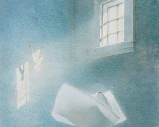 223
Robert Vickrey
1926-2011
"Trapped Bird"
Tempera on Masonite
Signed lower left: Robert Vickrey; titled in pencil, verso; titled again on a gallery label affixed to the frame, verso
16" H x 12" W
Estimate: $3,000 - $5,000