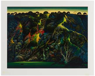 163
Eyvind Earle
1916-2000
"Gardner's Ranch," 1991
Screenprint in colors on heavy wove paper
Edition: M 60/80
Signed and numbered in ink in the lower image edge: Eyvind Earle; Clearwater Studios, prntr., with Robert Bane Ltd. Inc. ink stamp seal lower margin, at left
Image: 30" H x 40" W, Sheet: 37" H x 46" W
Estimate: $600 - $800