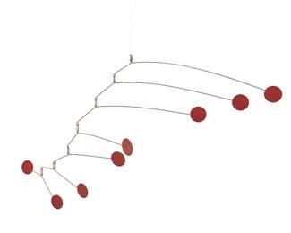 82
A Contemporary Geometric Hanging Mobile
Painted metal with round red painted panels
Unmarked
Dimensions variable: 19" H x 34" Dia.
Estimate: $500 - $700