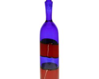60
1990; Venice, Italy
A Venini Fasce Orizzantale Glass Bottle
Acid etched to underside: Venini 90
The Murano glass bottle with horizontal blue and red bands surmounted by a conforming round stopper
17.75" H x 3.25" Dia.
Estimate: $500 - $700