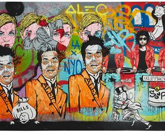 111
Alec Monopoly
b. 1986
A Scene With Jack Nicholson, Twiggy, Mr. Monopoly, And Bob Dylan, 2011
Acrylic, spray paint, and collage with resin on canvas
Signed lower left: Alec; signed again twice, dated, and inscribed, all verso: Alec / LA x NYC x London / Beverly Hills 90210
62" H x 96" W
Estimate: $20,000 - $30,000
